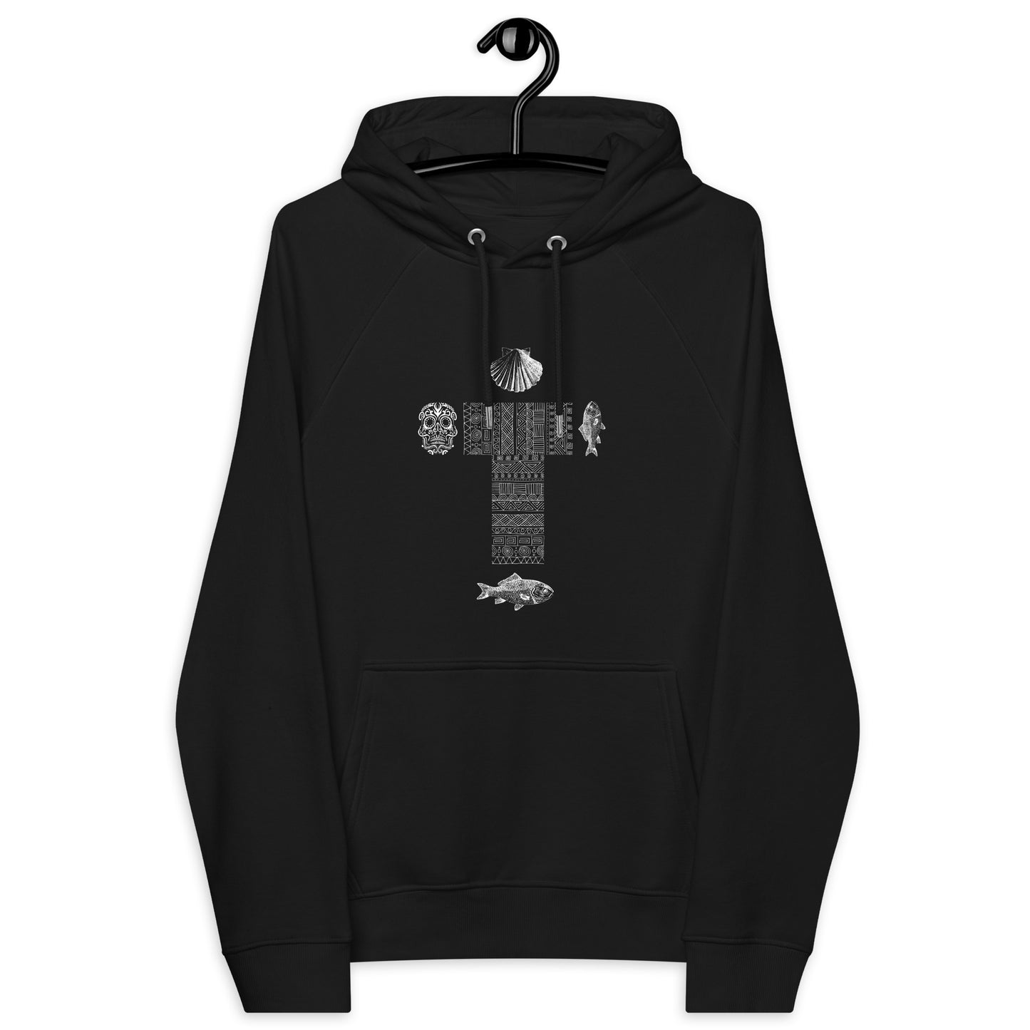
                  
                    Black Unisex Cross Print Hoodie | Eco Raglan Hoodie
                  
                
