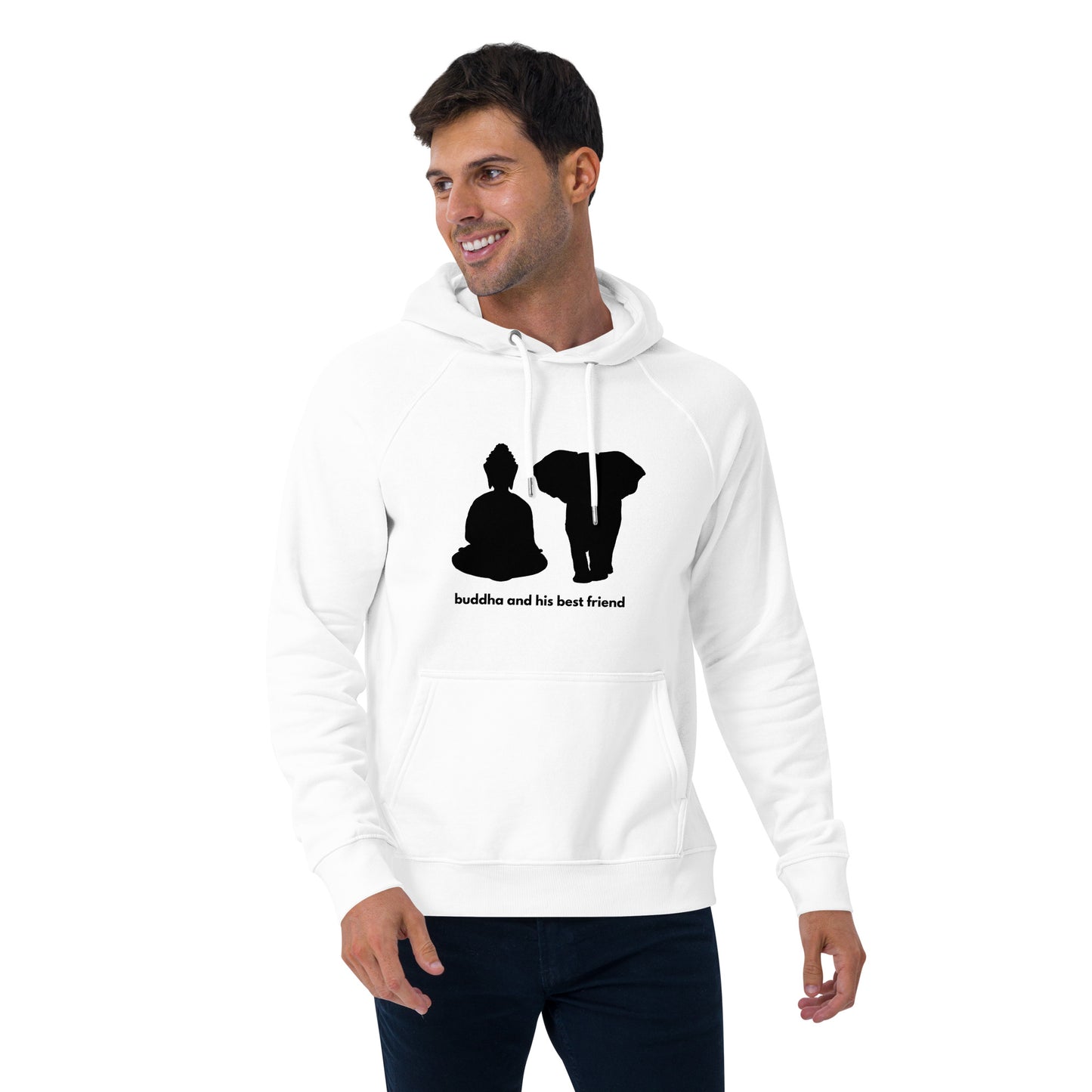 
                  
                    White Buddha Eco Raglan Hoodie | Friendly Inspirational Design
                  
                