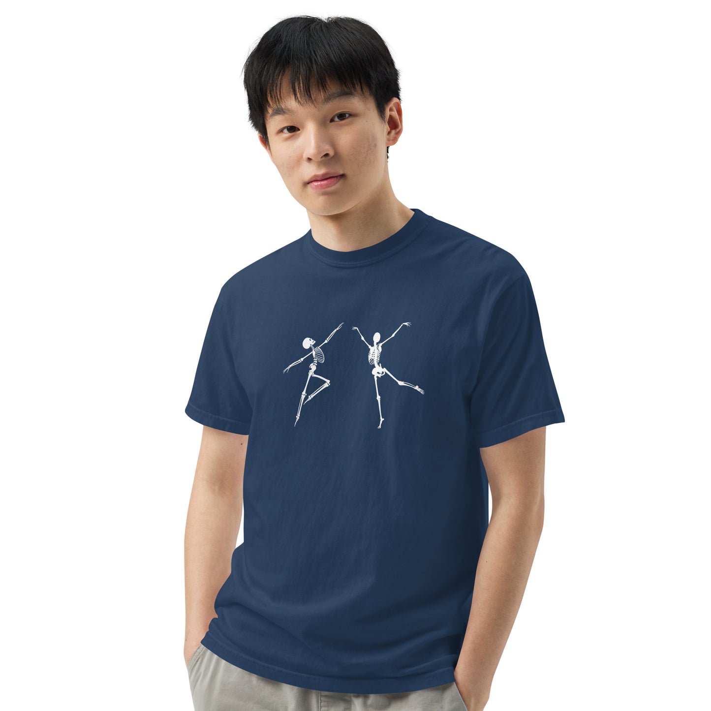 
                  
                    True Navy garment-dyed heavyweight t-shirt | White Skeleton Print
                  
                
