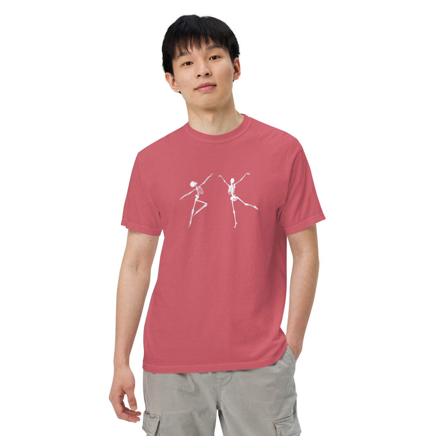 
                  
                    Pink garment-dyed heavyweight t-shirt | Dancing Skeletons Print
                  
                