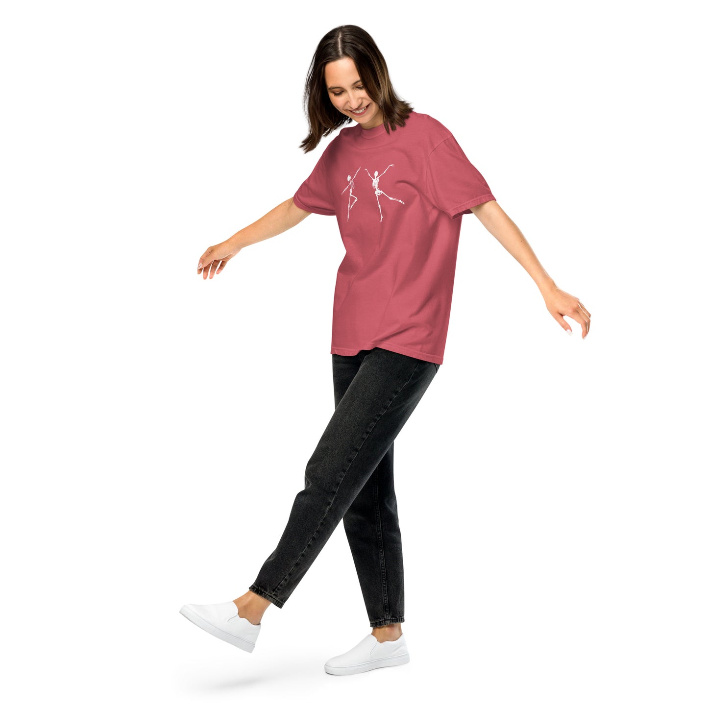 
                  
                    Pink garment-dyed heavyweight t-shirt | Dancing Skeletons Print
                  
                
