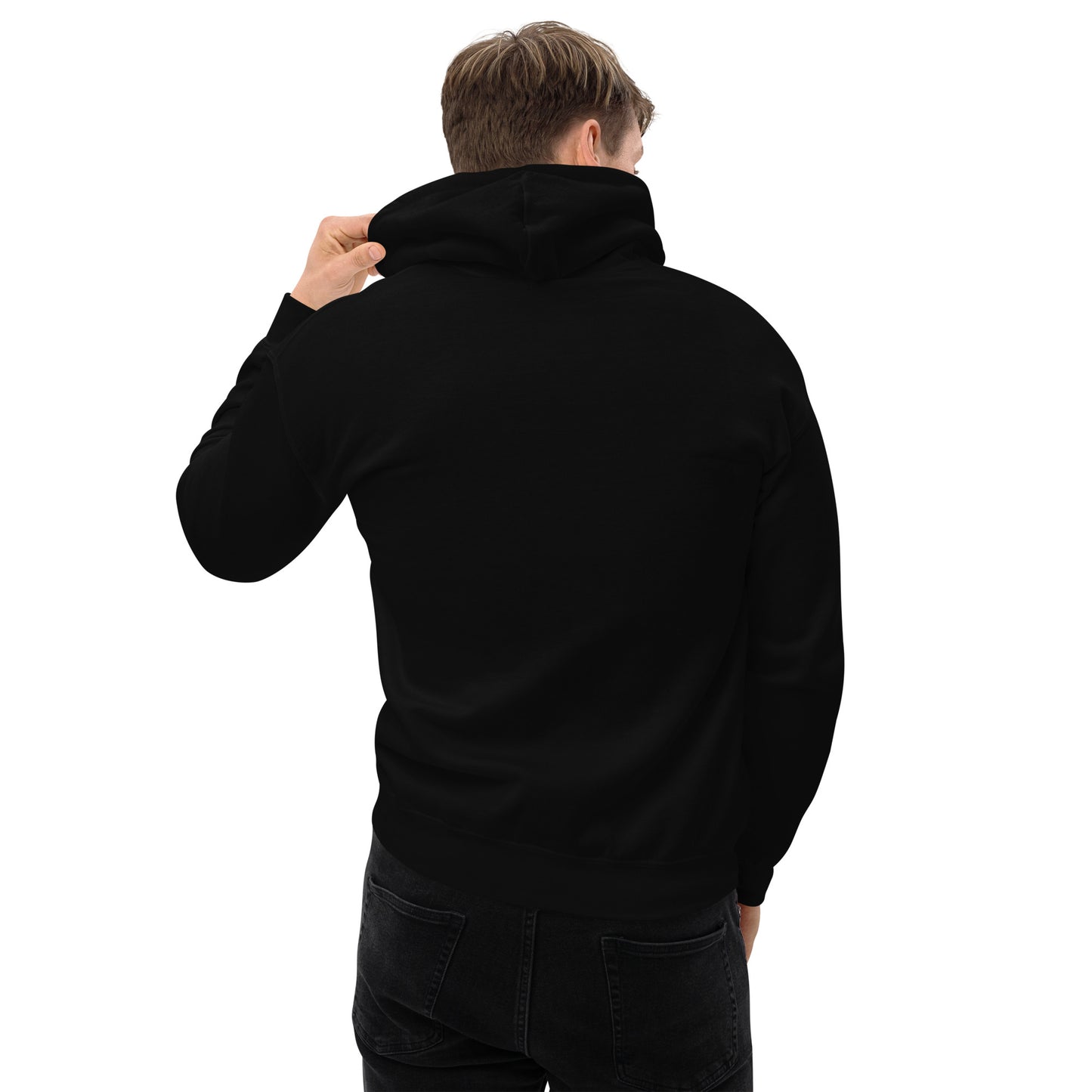 
                  
                    Unisex black hoodie back view with hood up, plain back
                  
                