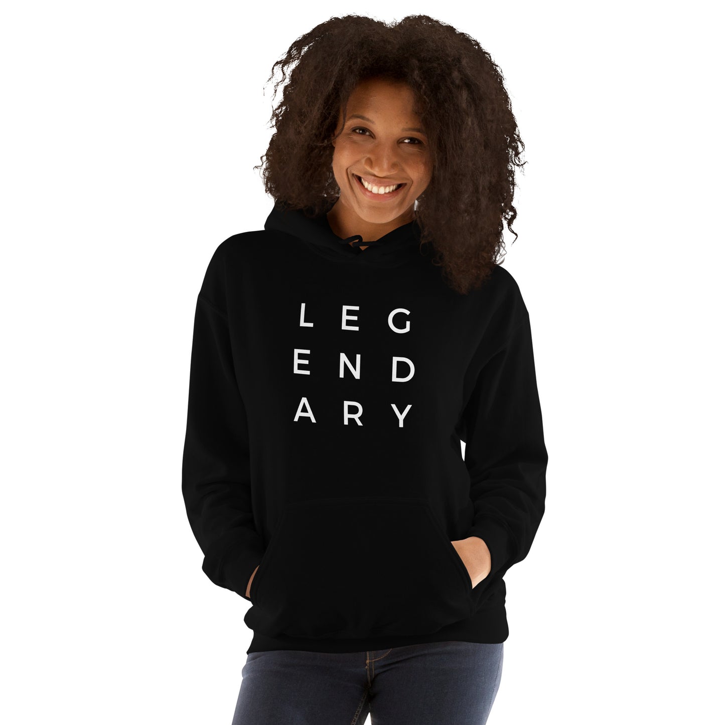 
                  
                    Unisex black hoodie, front view with white stacked LEGENDARY lettering and hood
                  
                