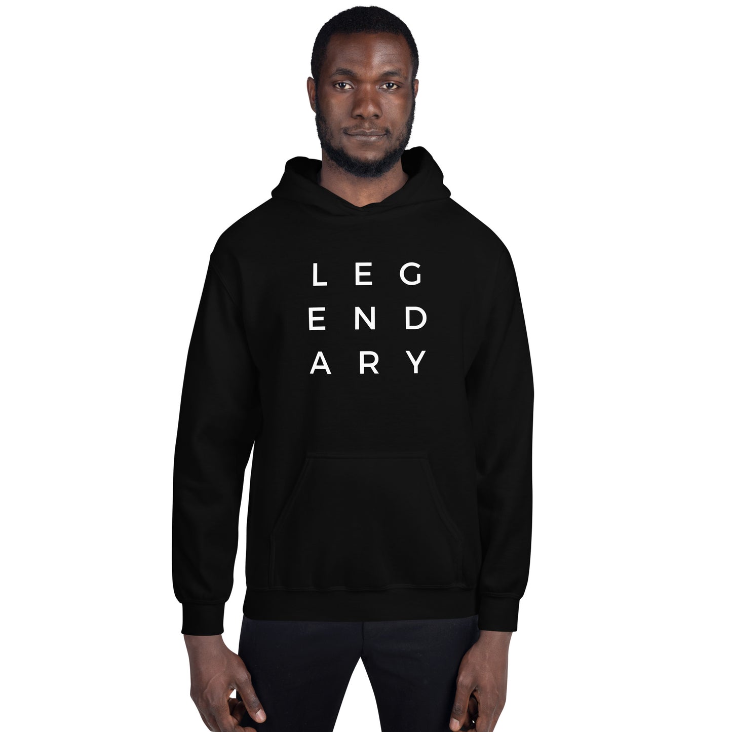 
                  
                    Unisex black hoodie, front view with white stacked LEGENDARY lettering, hood
                  
                