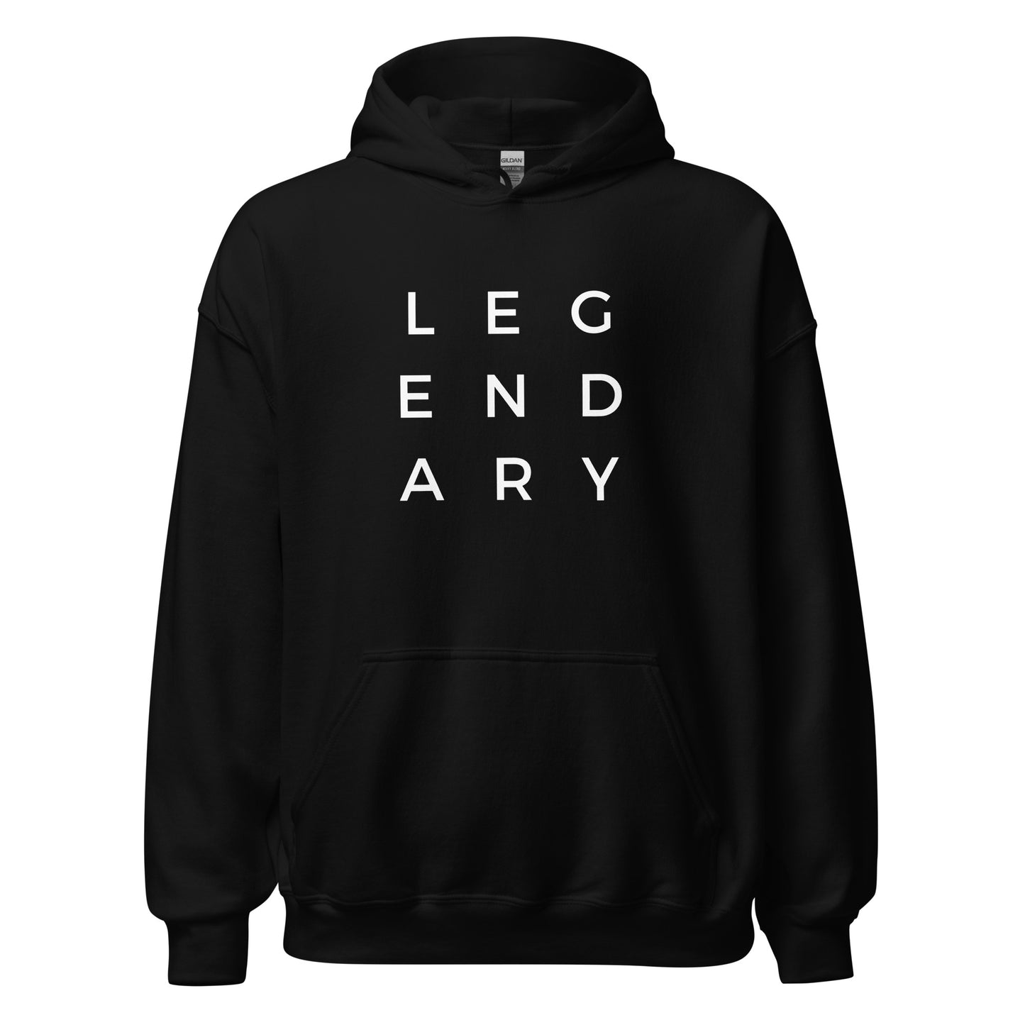 
                  
                    Unisex black hoodie with white stacked LEGENDARY lettering on front, hood and pocket
                  
                