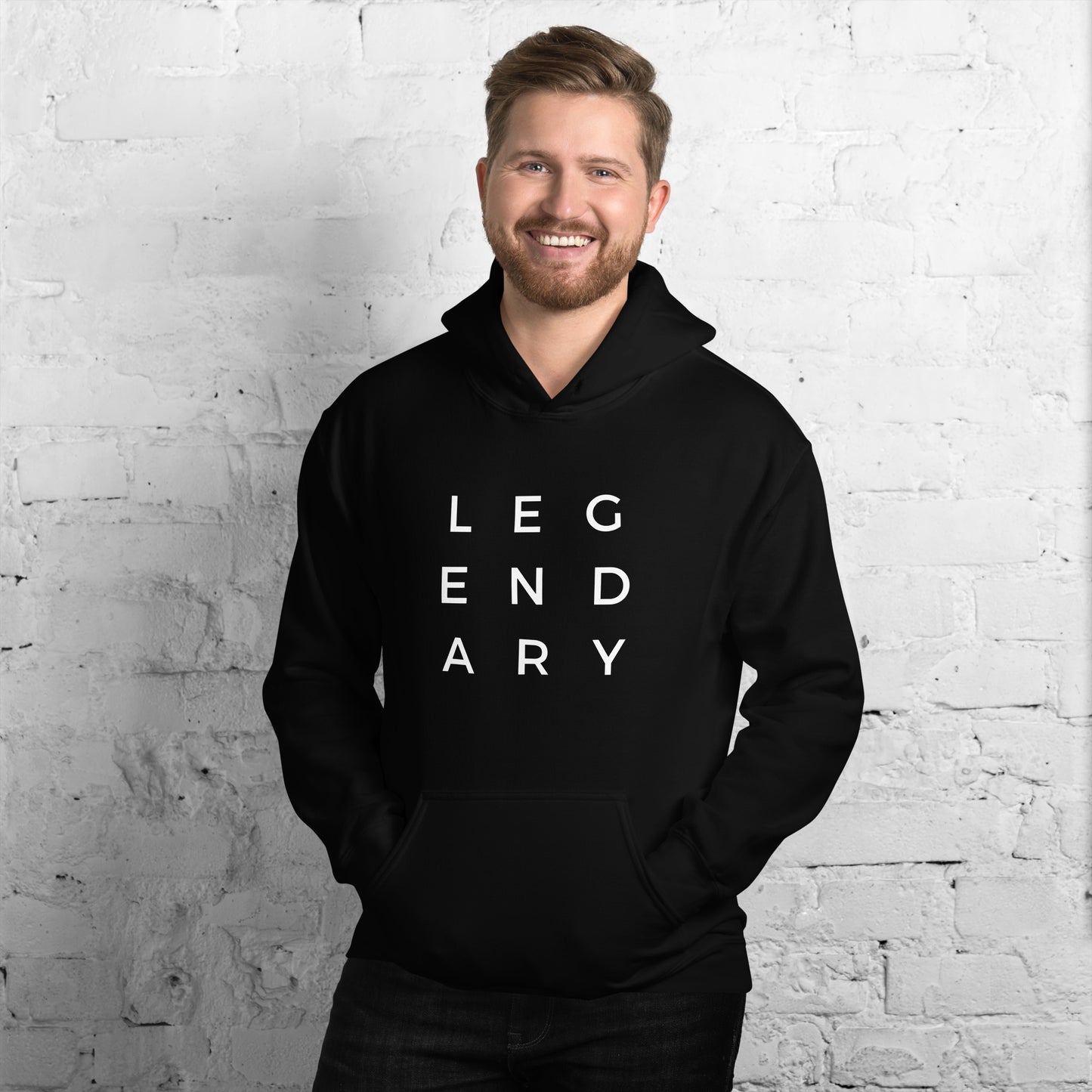 
                  
                    Unisex black hoodie with white LEGENDARY lettering on front, hood and pouch pocket
                  
                