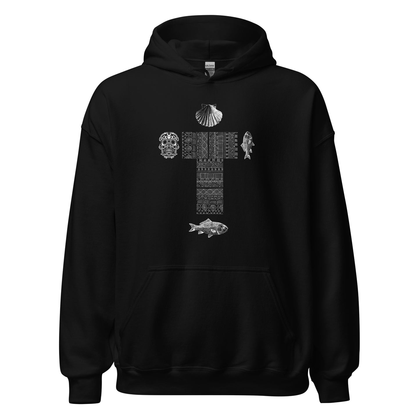 
                  
                    Classic Black Unisex Hoodie | Cross, skull, fish, and shell print
                  
                