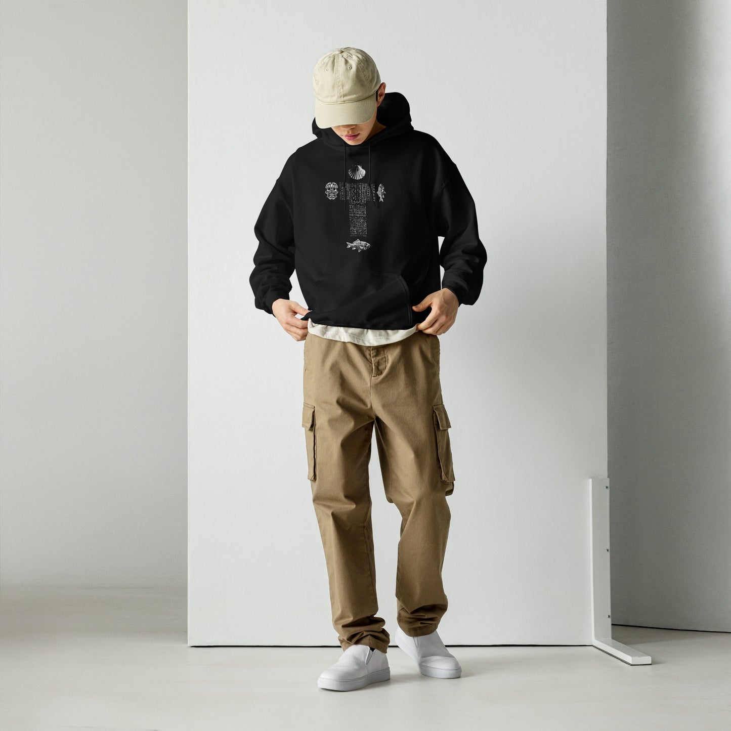 
                  
                    Classic Black Unisex Hoodie | Cross, skull, fish, and shell print
                  
                