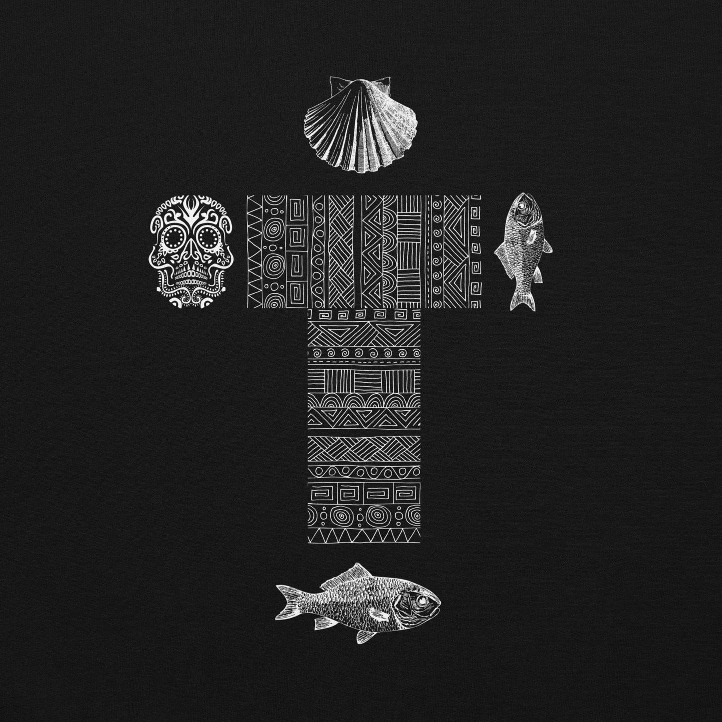 
                  
                    Classic Black Unisex Hoodie | Cross, skull, fish, and shell print
                  
                