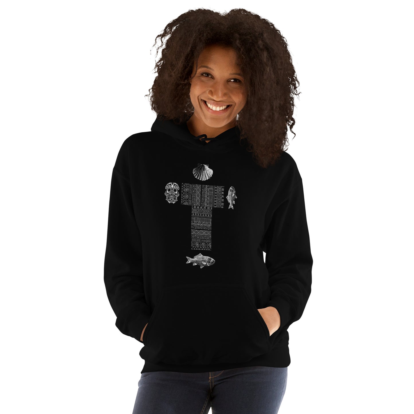 
                  
                    Classic Black Unisex Hoodie | Cross, skull, fish, and shell print
                  
                