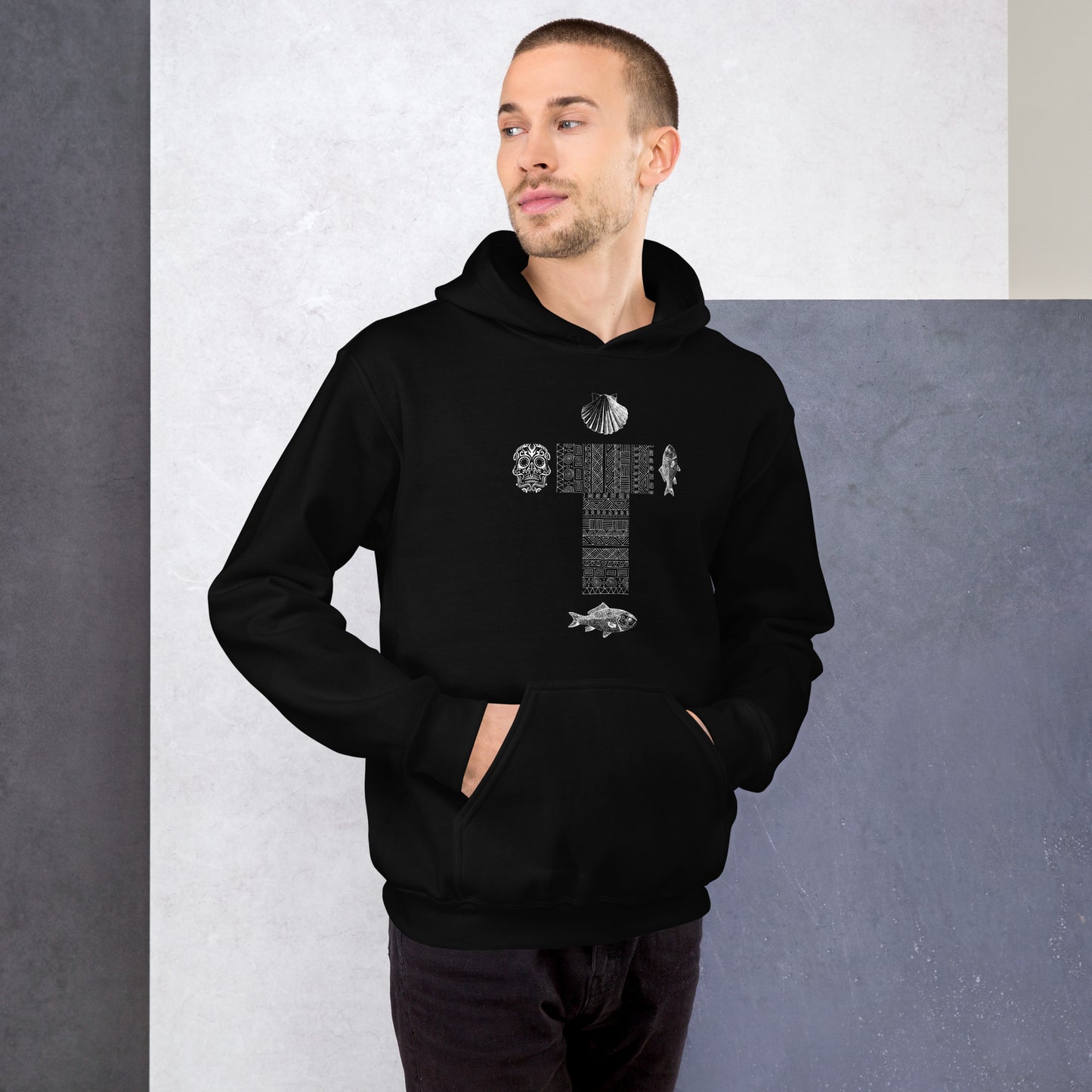 
                  
                    Classic Black Unisex Hoodie | Cross, skull, fish, and shell print
                  
                