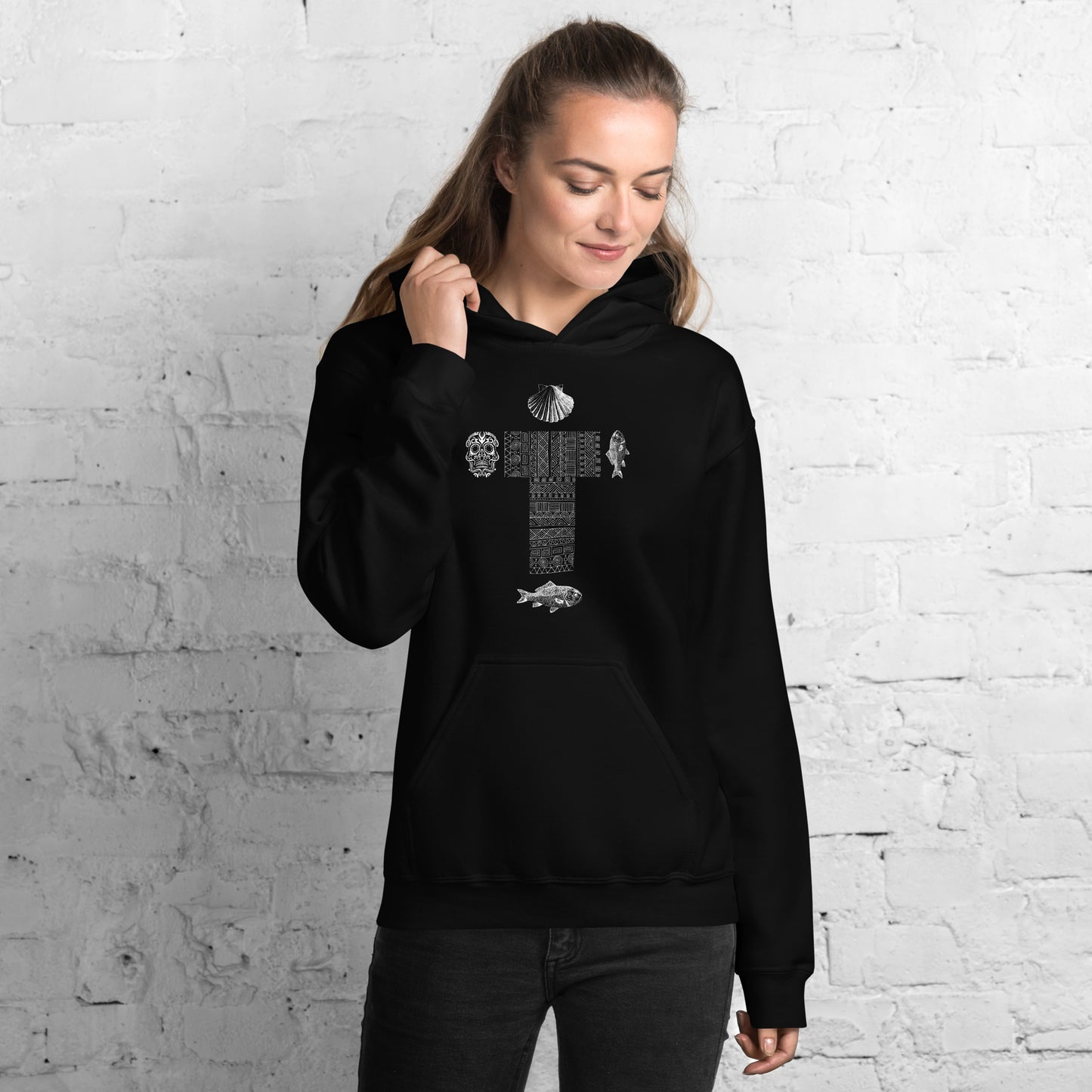 
                  
                    Classic Black Unisex Hoodie | Cross, skull, fish, and shell print
                  
                