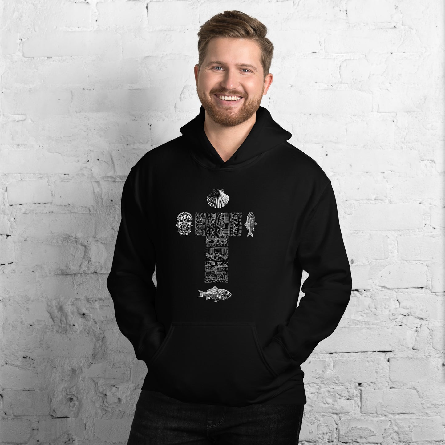 
                  
                    Classic Black Unisex Hoodie | Cross, skull, fish, and shell print
                  
                