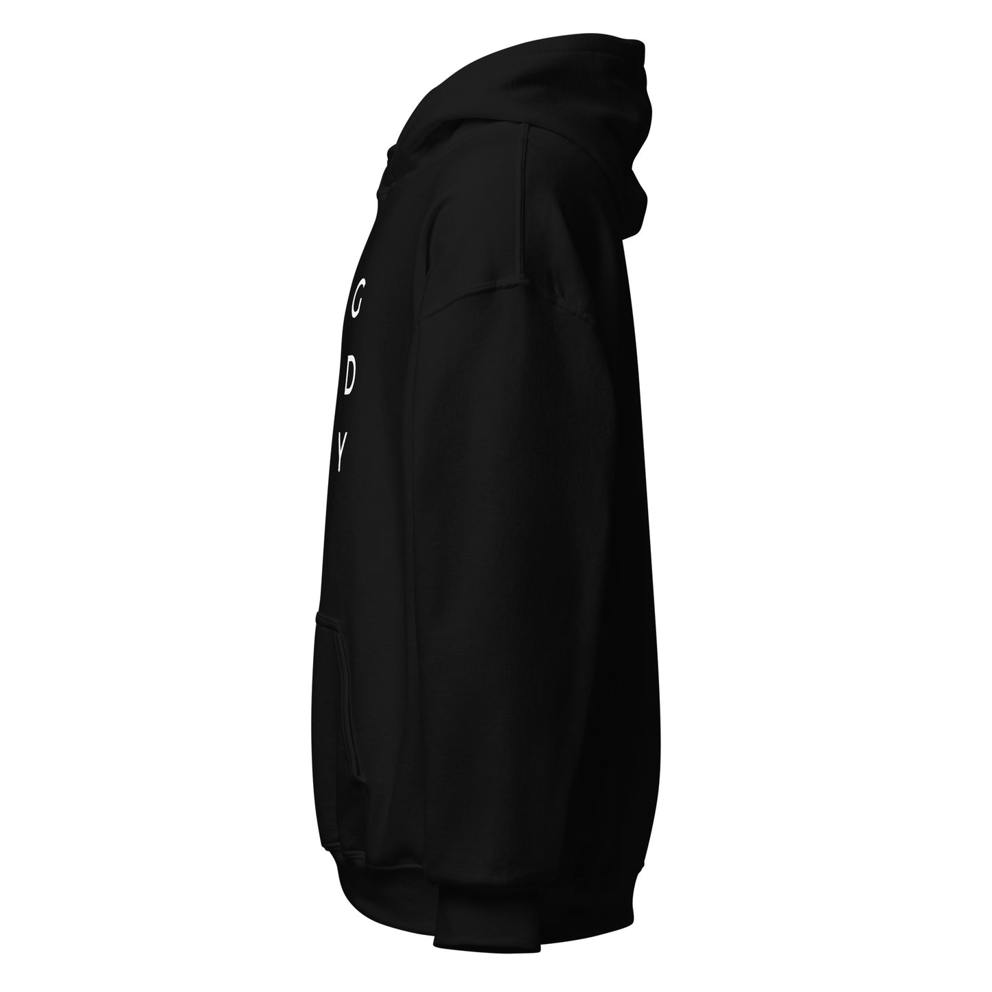 
                  
                    Unisex black hoodie side view with partial white LEGENDARY lettering, hood
                  
                