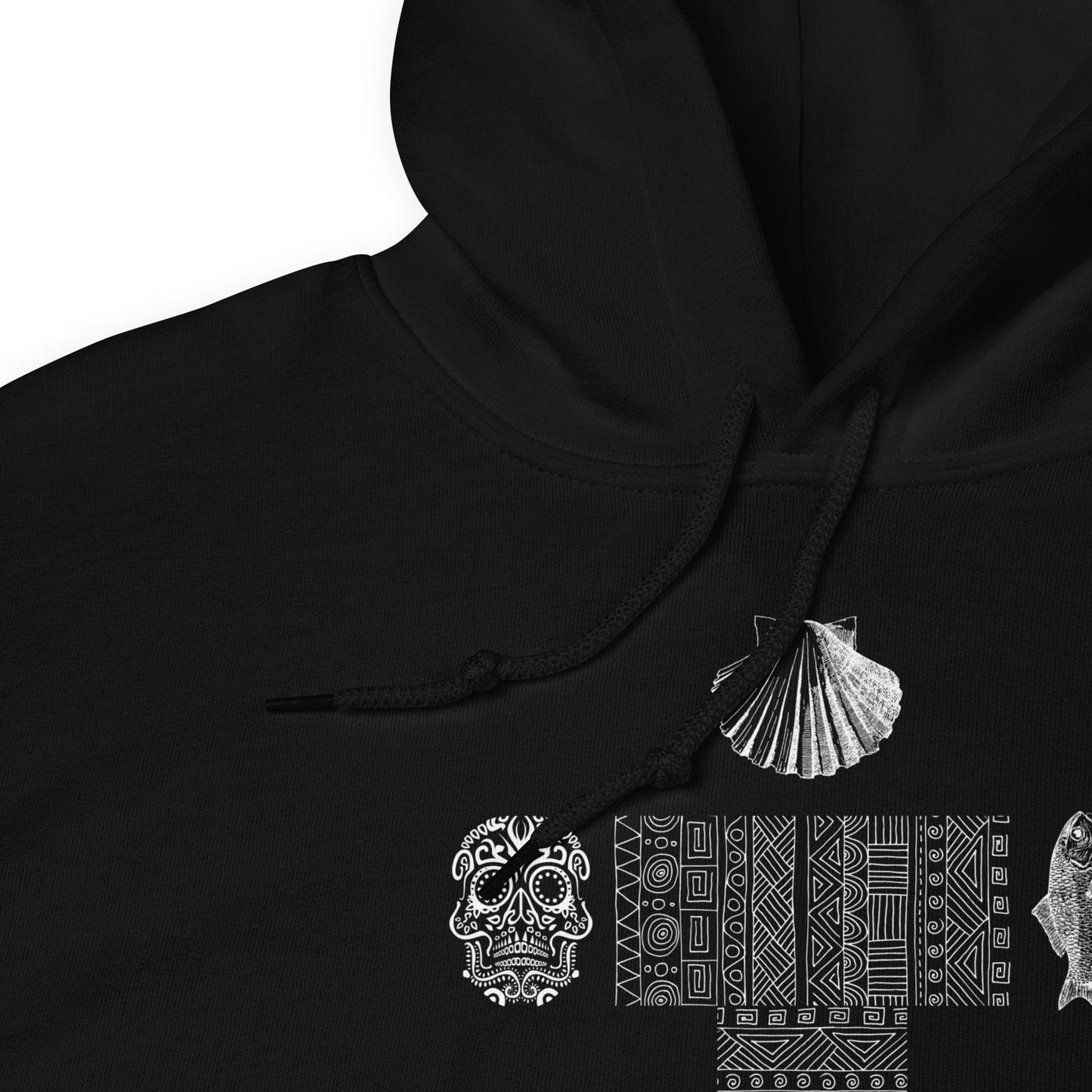 
                  
                    Classic Black Unisex Hoodie | Cross, skull, fish, and shell print
                  
                