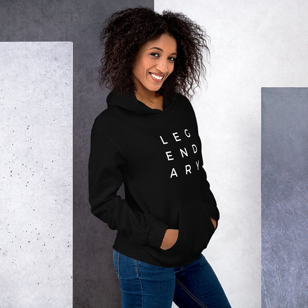 
                  
                    Unisex black hoodie with white LEGENDARY lettering on chest, hood and front pouch
                  
                
