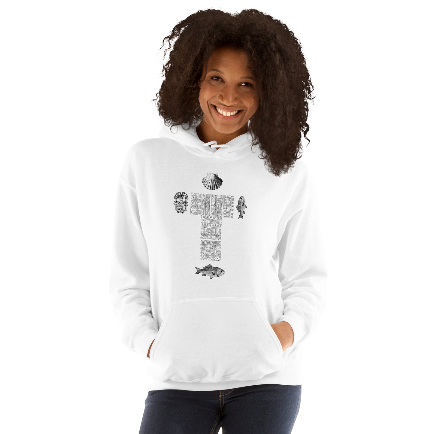 
                  
                    White unisex hoodie with hood up and cross, skull, fish, and shell front graphic
                  
                
