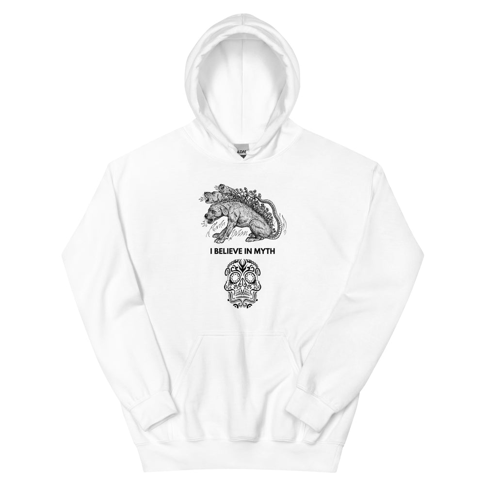 
                  
                    Believe In Myth White Hoodie | Hoodie with Ancient Greek Mythology Quote
                  
                