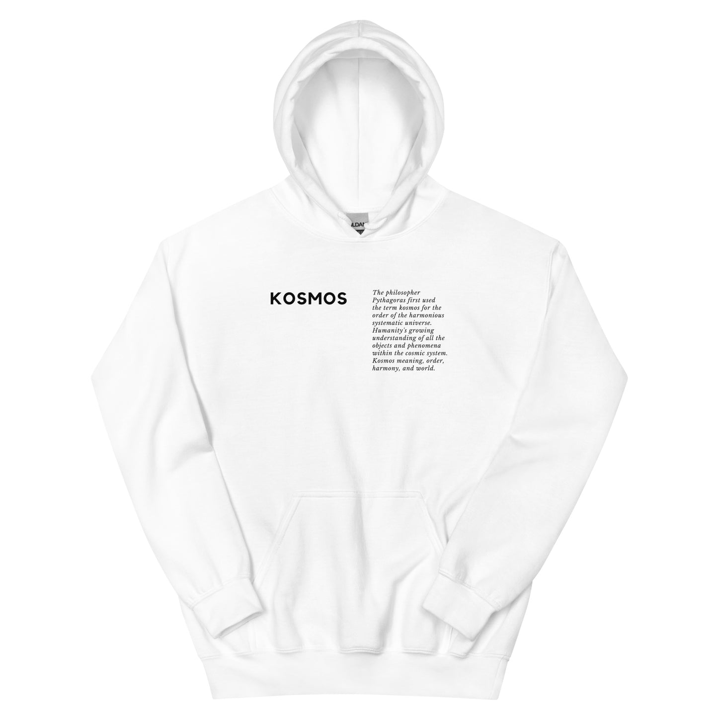 
                  
                    White KOSMOS hoodie with hood, front pocket, and logo graphic
                  
                