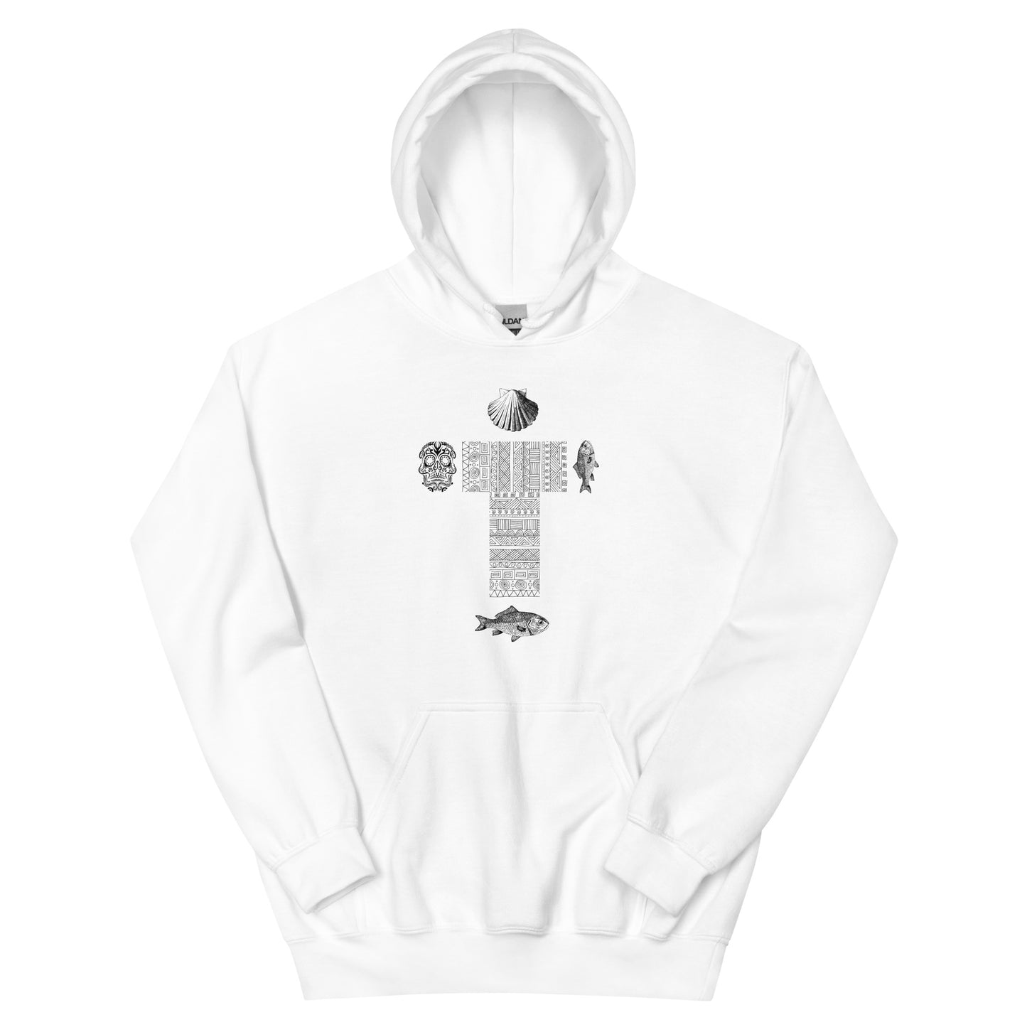 
                  
                    Phoebo White Cross Hoodie | Skull, Fish, Shell Print
                  
                