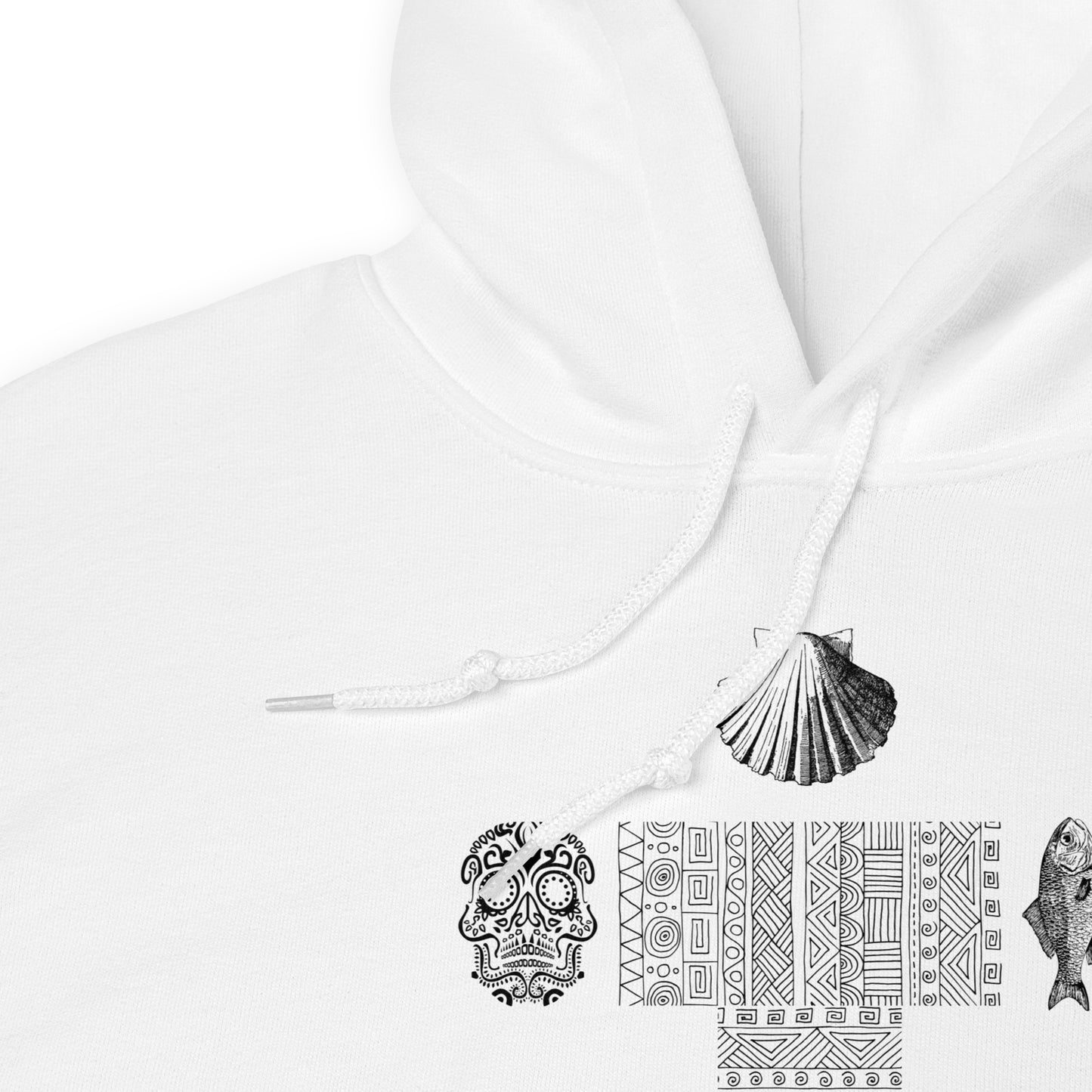 
                  
                    White hoodie front with drawstring and partial cross, skull, fish, shell print
                  
                