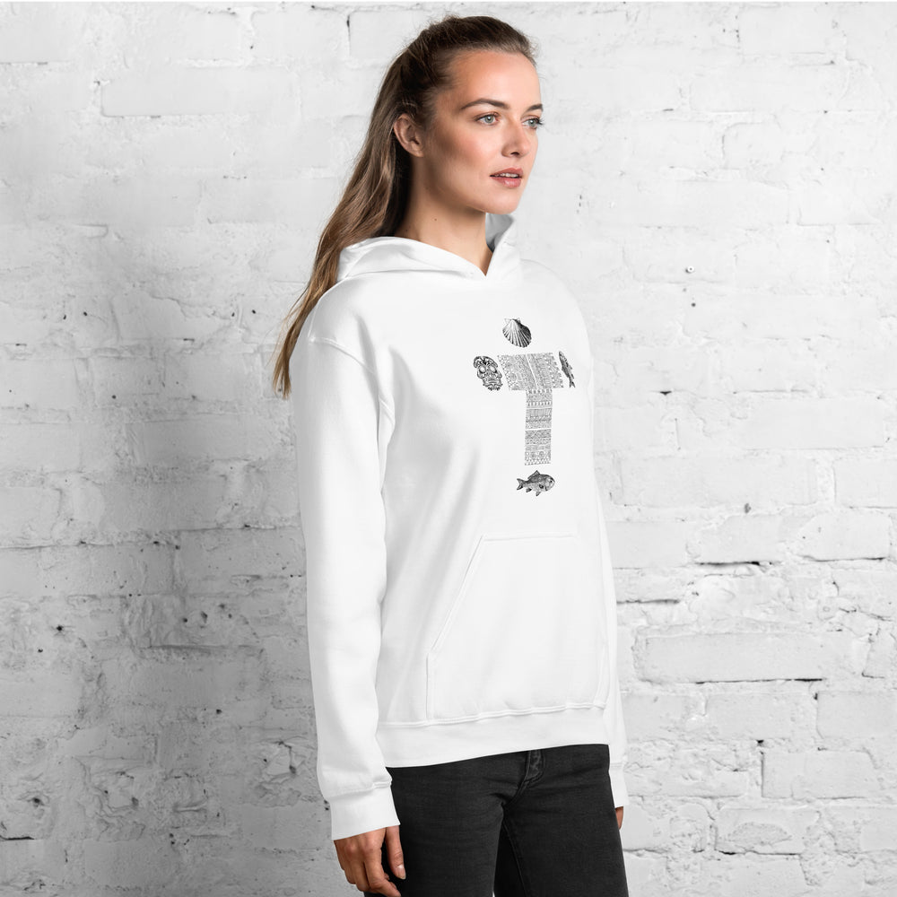 
                  
                    Phoebo White Cross Hoodie | Skull, Fish, Shell Print
                  
                