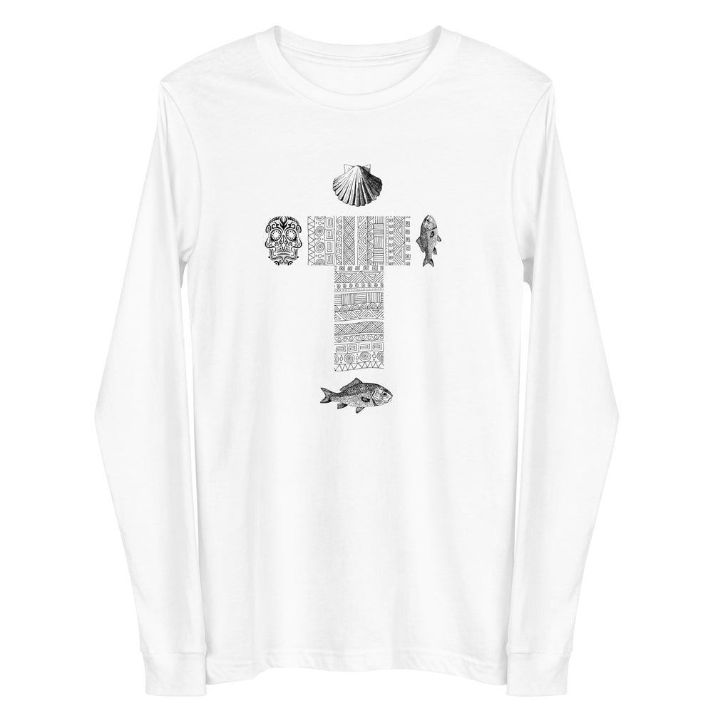 
                  
                    White Unisex Long Sleeve Tee | Cross, skull, fish, and shell print
                  
                