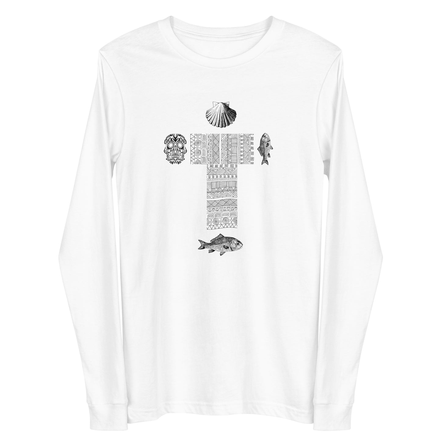 
                  
                    White Unisex Long Sleeve Tee | Cross, skull, fish, and shell print
                  
                