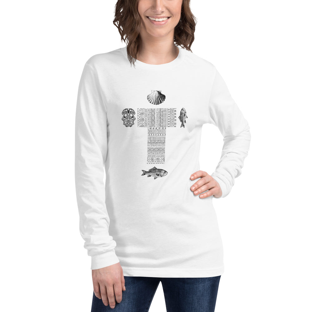 
                  
                    White Unisex Long Sleeve Tee | Cross, skull, fish, and shell print
                  
                