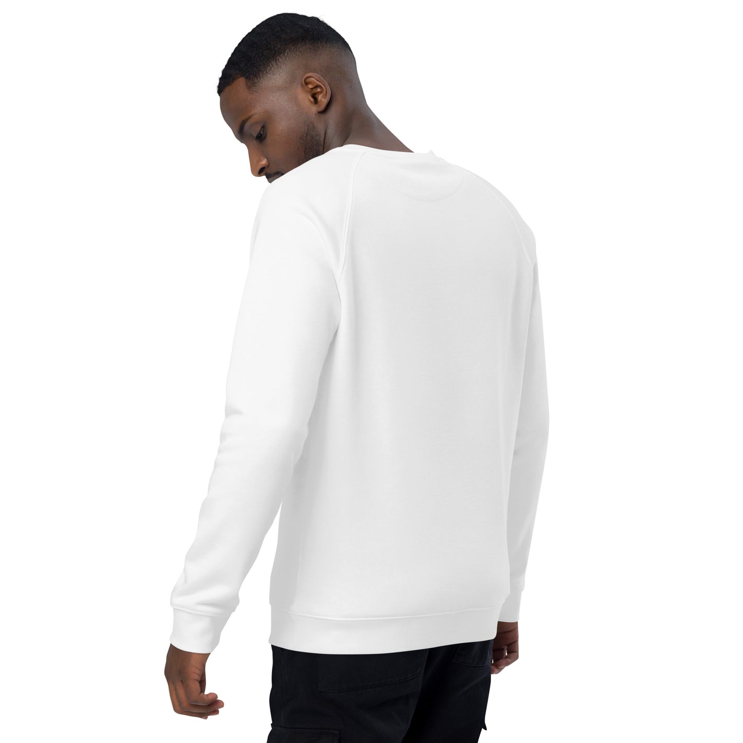 
                  
                    White Unisex organic raglan sweatshirt | Black Phoebo Print
                  
                