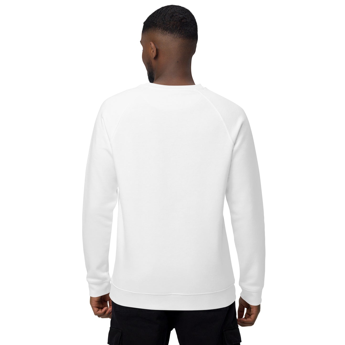 
                  
                    White Unisex organic raglan sweatshirt | Black Phoebo Print
                  
                