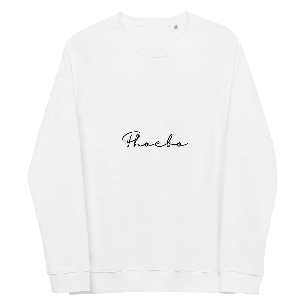 
                  
                    White Unisex organic raglan sweatshirt | Black Phoebo Print
                  
                