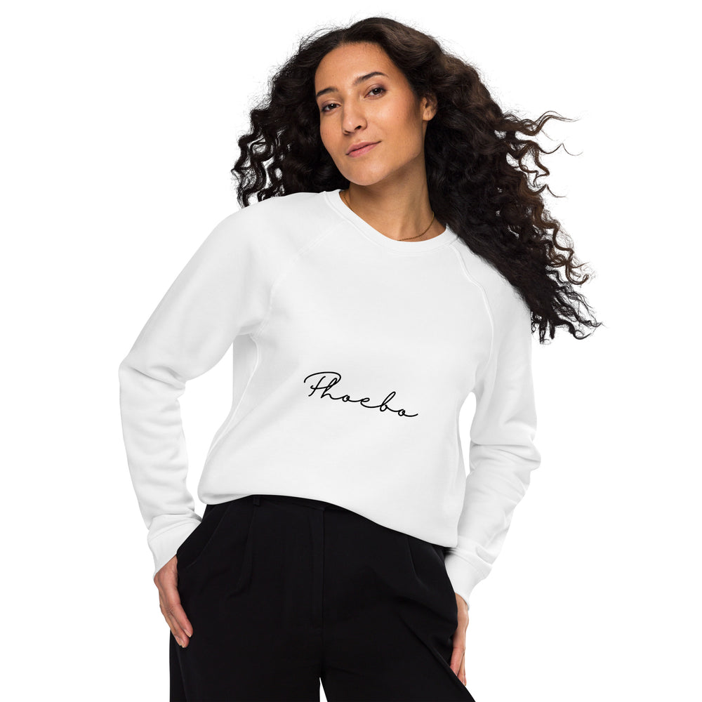 
                  
                    White Unisex organic raglan sweatshirt | Black Phoebo Print
                  
                