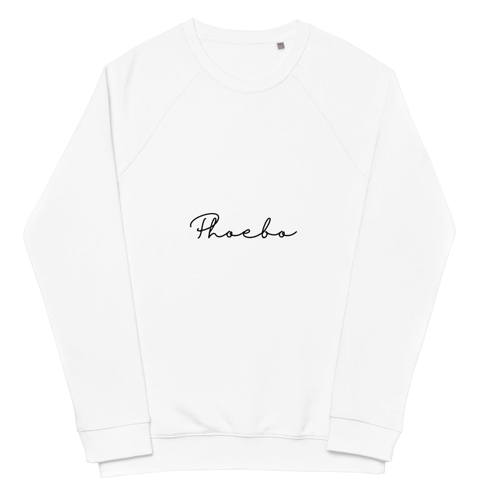 
                  
                    White Unisex organic raglan sweatshirt | Black Phoebo Print
                  
                