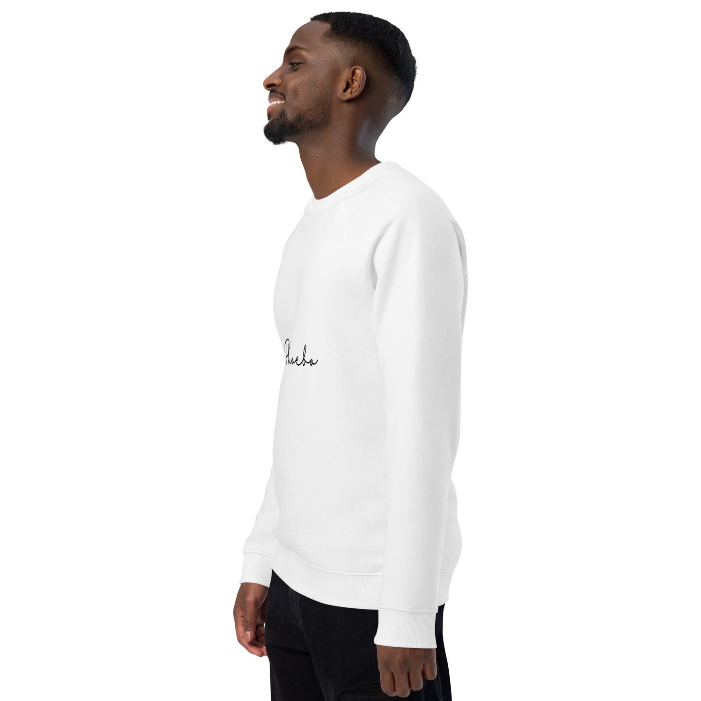 
                  
                    White Unisex organic raglan sweatshirt | Black Phoebo Print
                  
                