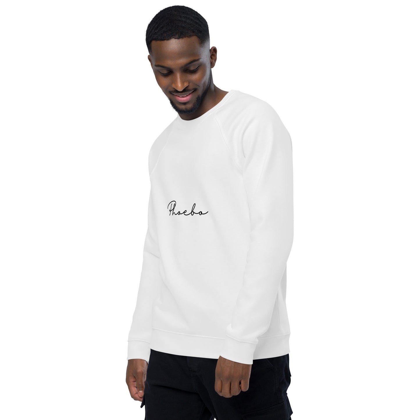 
                  
                    White Unisex organic raglan sweatshirt | Black Phoebo Print
                  
                