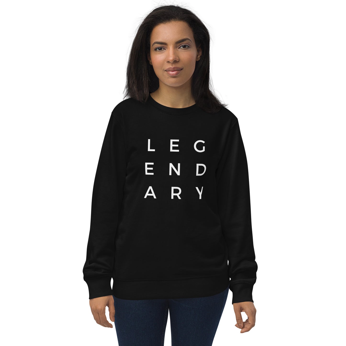 
                  
                    Black unisex organic sweatshirt with centered 'LEG END ARY' graphic print
                  
                
