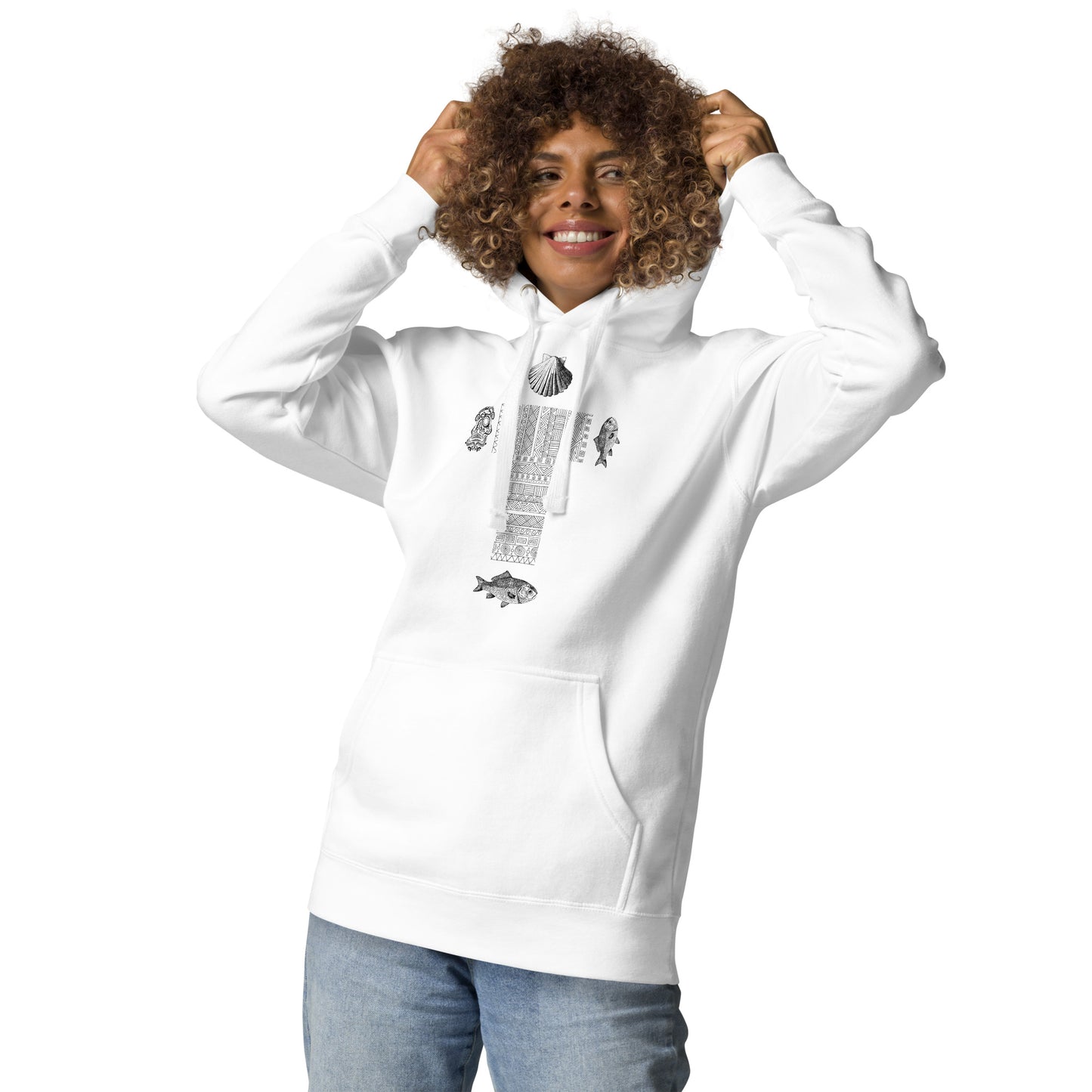 
                  
                    Phoebo Cross Unisex Hoodie | Cross, skull, fish, and shell print
                  
                