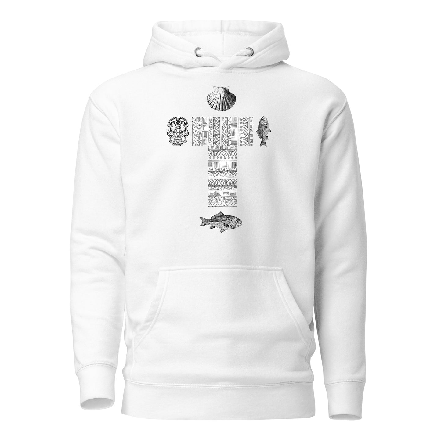 
                  
                    Phoebo Cross Unisex Hoodie | Cross, skull, fish, and shell print
                  
                