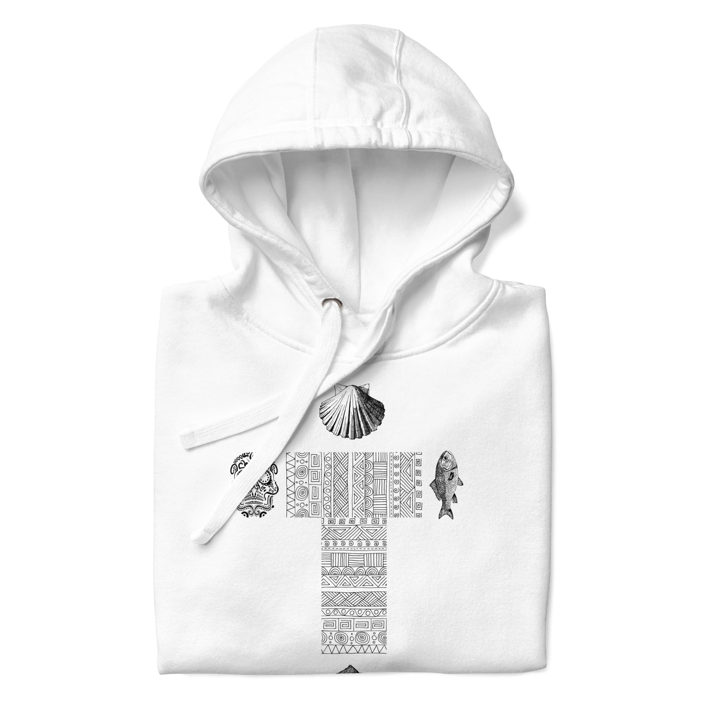 
                  
                    Phoebo Cross Unisex Hoodie | Cross, skull, fish, and shell print
                  
                