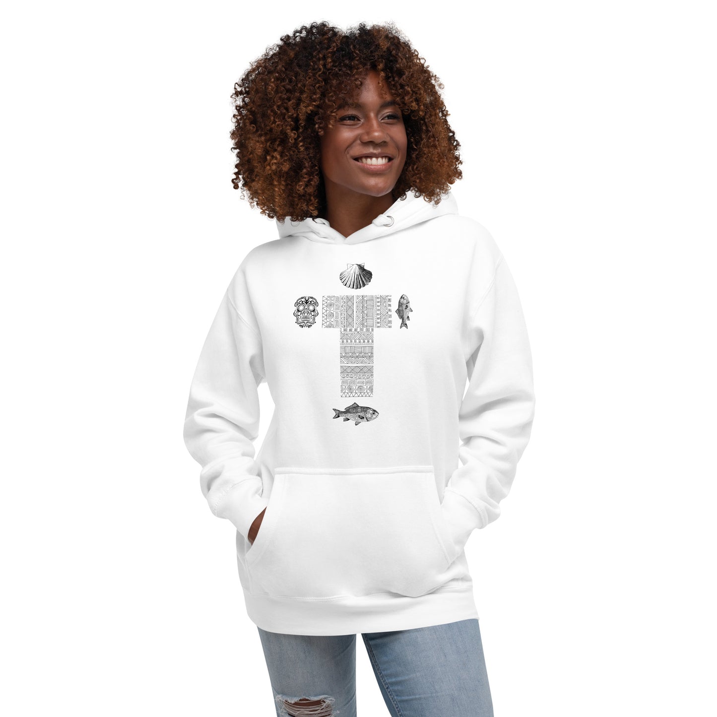 
                  
                    White Unisex Hoodie | Skull, Fish & Shell Print
                  
                