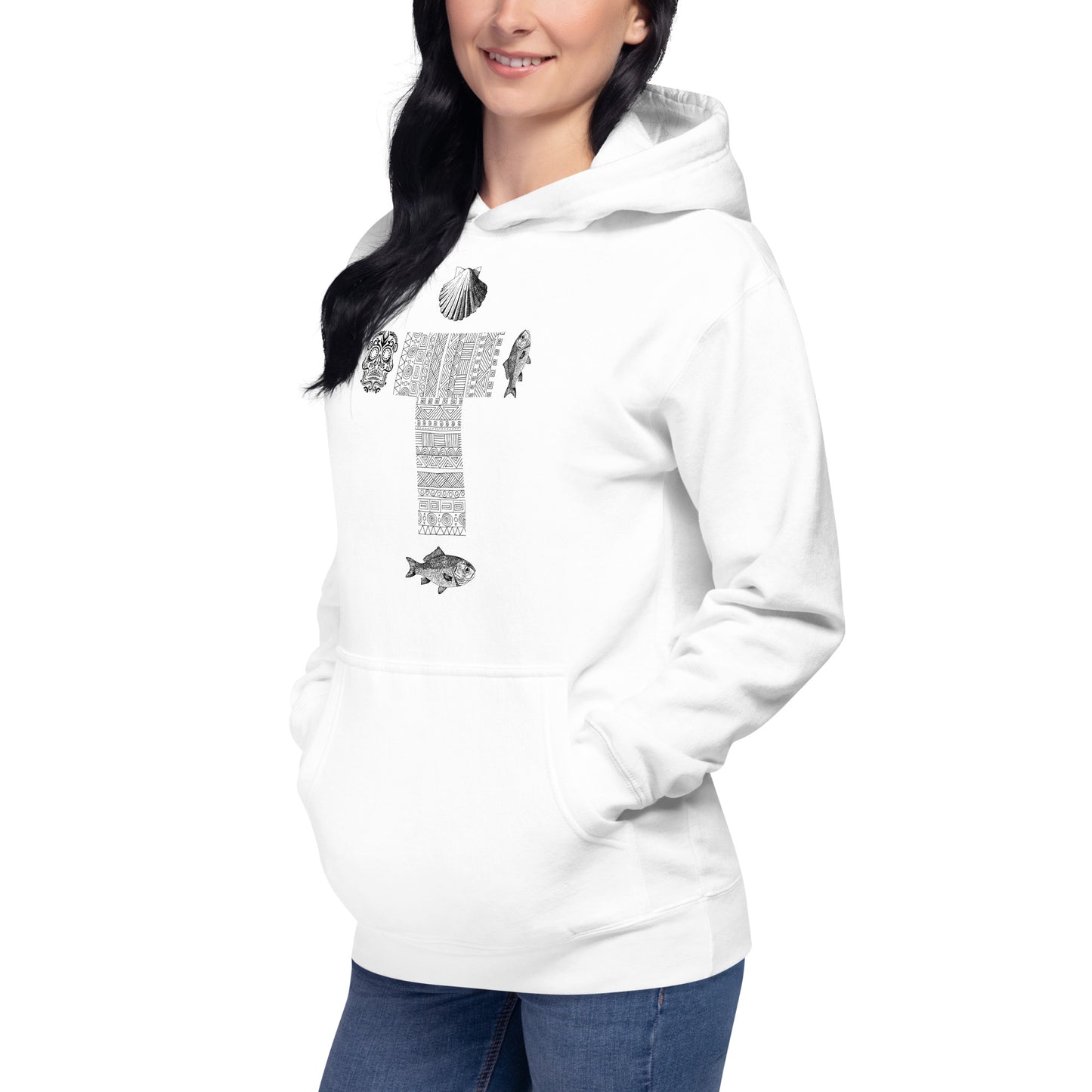 
                  
                    White Unisex Hoodie | Skull, Fish & Shell Print
                  
                