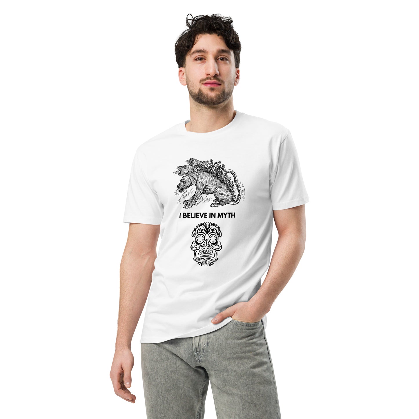 
                  
                    Mythology-Inspired Unisex Premium T-Shirt | Creature & Skull Print
                  
                