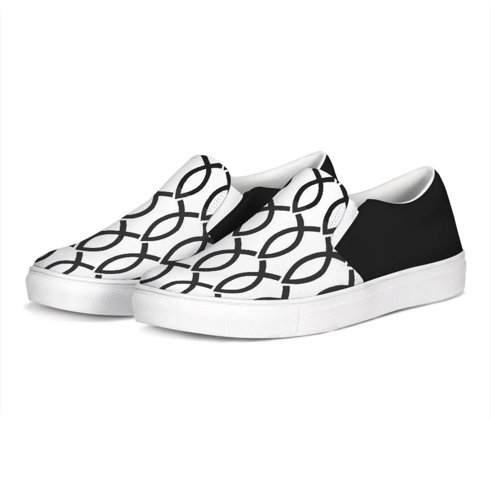 
                  
                    Womens Sneakers - Black & White Ichthys Style Low Top Slip-on Canvas
                  
                