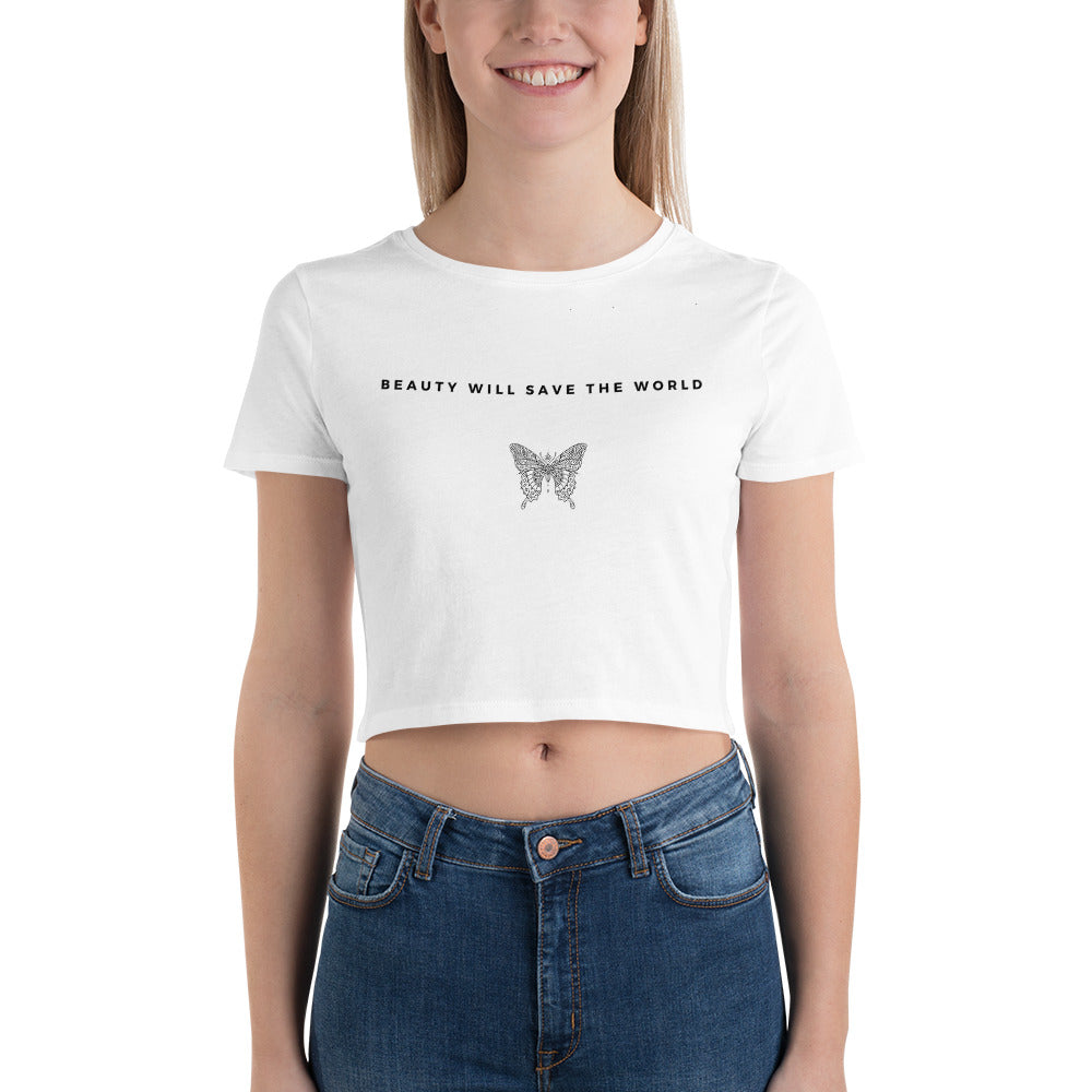 White Women’s Crop Tee with Butterfly Design | Inspiring Message