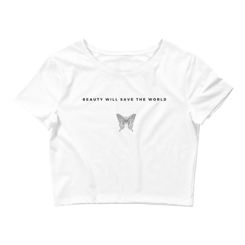 
                  
                    White Women’s Crop Tee with Butterfly Design | Inspiring Message
                  
                