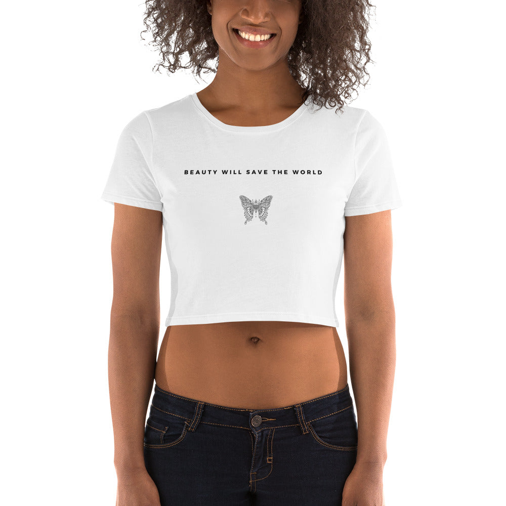 
                  
                    White Women’s Crop Tee with Butterfly Design | Inspiring Message
                  
                