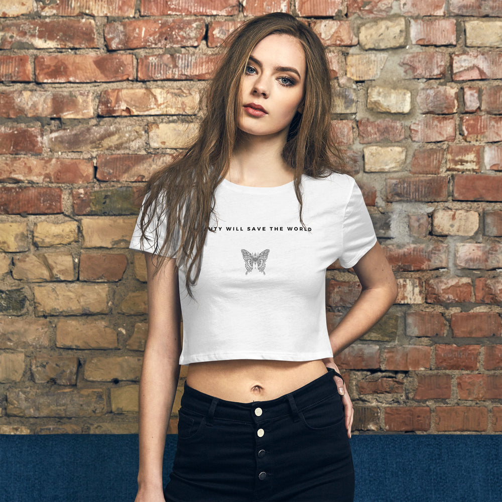 
                  
                    White Women’s Crop Tee with Butterfly Design | Inspiring Message
                  
                