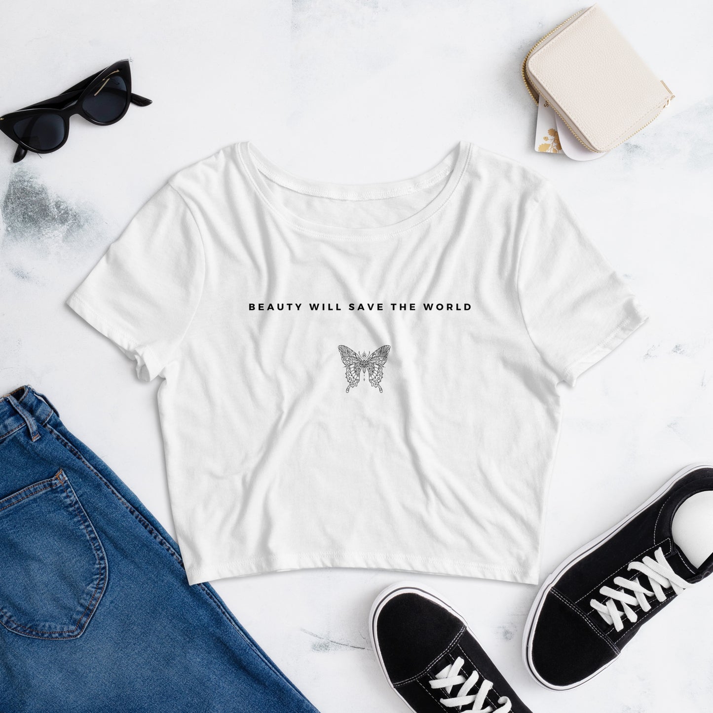 
                  
                    White Women’s Crop Tee with Butterfly Design | Inspiring Message
                  
                