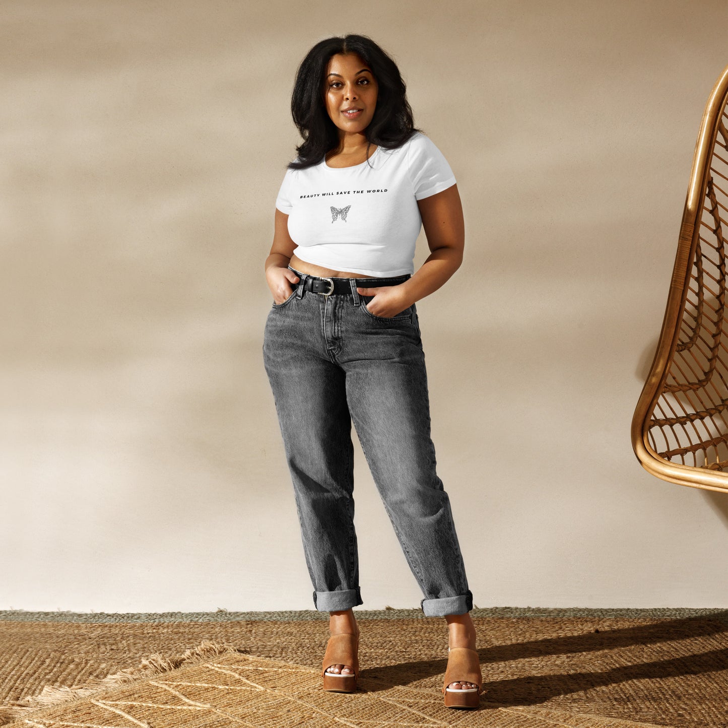 
                  
                    Women’s Crop Tee with Butterfly | Message on Beauty Saving the World
                  
                